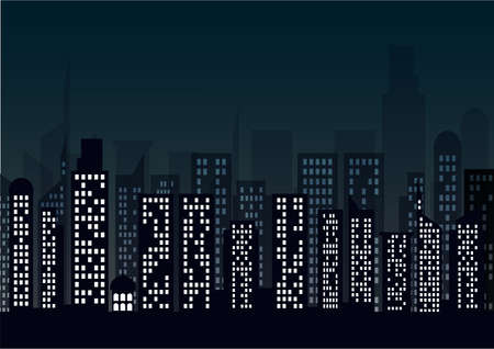 Night cityscape in flat style. Night city skyline abstract background.のイラスト素材