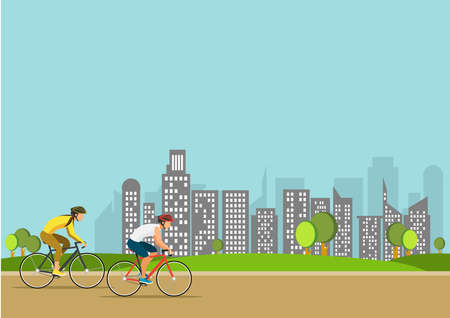 Illustration of sport  Healthy summer cycling  in park. Active people ride bike. Sports lifestyle vector concept.のイラスト素材