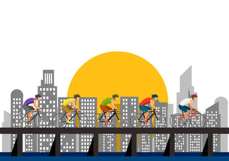 many man riding bike to cross bridge in city Background Illustration.のイラスト素材