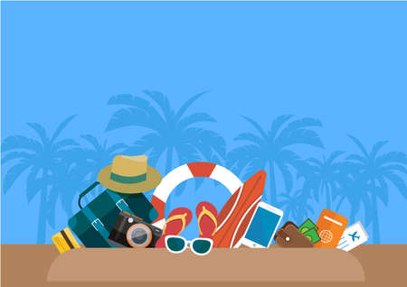 the summer with water play equipment placed on the beach on  blue sea. summer time. vector, illustration.のイラスト素材