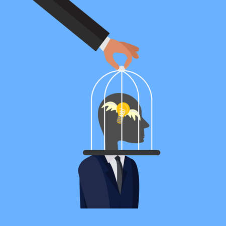 Businessman thinking light bulb in cage new idea crisis problem inspiration conceptのイラスト素材