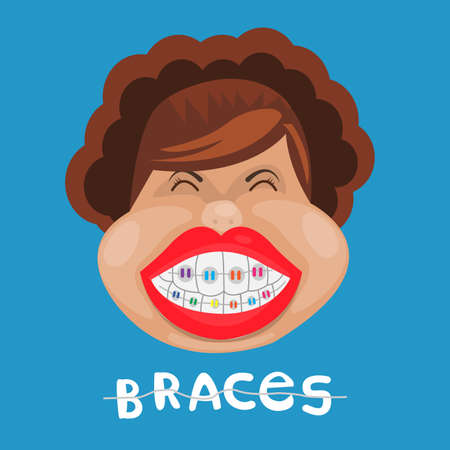 Funny girl with braces. dental medicine and health, dentistry.on blue backgroundのイラスト素材