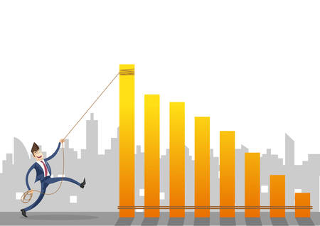 Businessman pulling yellow graph with a rope concept on city backgroundのイラスト素材