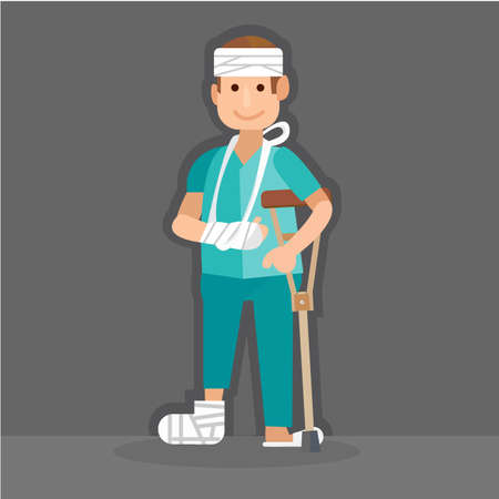 A boy with a plaster cast on crutches. illustratorのイラスト素材