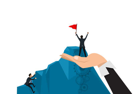 businessman first reached the summit of the mountain with a flag business people competing in mountain climbing. with hand help other business ,のイラスト素材