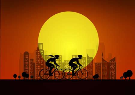 Couple on bikes in city. illustration with silhouettes of of two cyclists . sunset backgroundのイラスト素材