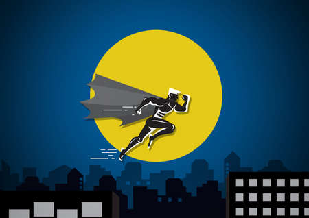 superhero businessman running to jump over building  between two cliffs on city backgroundのイラスト素材