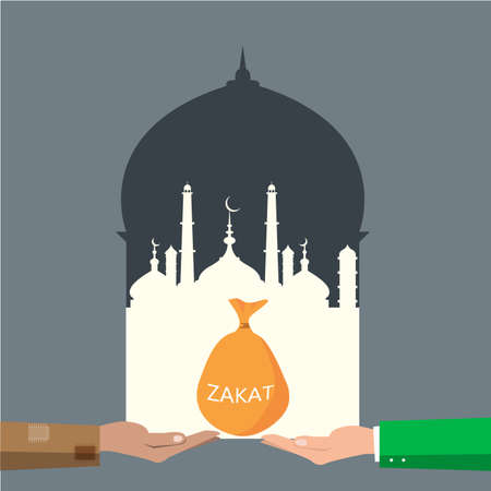 the hand Giving Zakat box in door on  mosque background.のイラスト素材