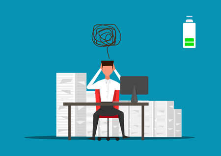 businessman hard working on many paper background with low battery illustratorのイラスト素材