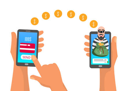 Robber man stole money via transfer online from mobile. on white illustrationのイラスト素材