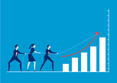 illustration of business people pulling arrow on bar graphのイラスト素材