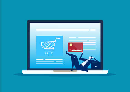 business man sitting on plastic credit card looking at screen of computer, boy with moneyのイラスト素材