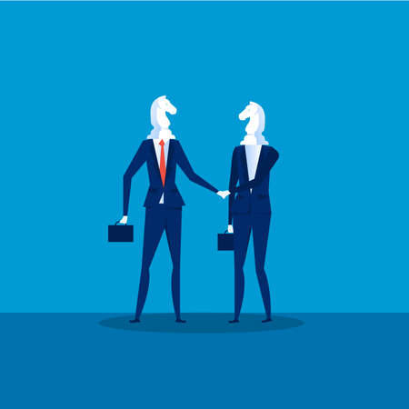 Business cooperation Vector. Two Businessmen Chess Horses Black shaking hand for join business to successful . Illustrationのイラスト素材