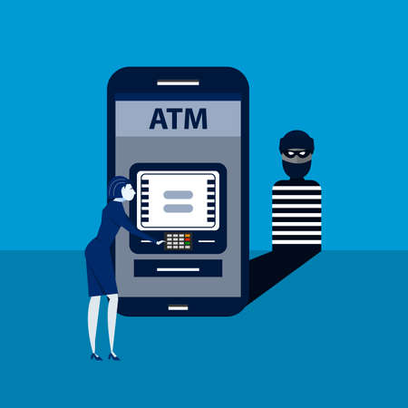 The thief hacks back smart phone with woman pay terminal system.isometric illustration.