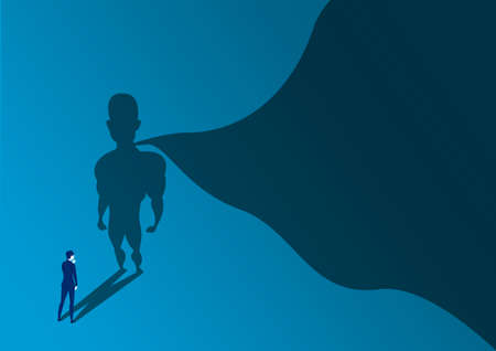 businessman looking to way success with a superhero with cape shadow on the wall. Ambition and business success concept. Leadership hero power, motivation and inner strength symbol.のイラスト素材