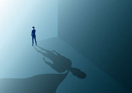businessman looking to way success with a superhero with cape shadow on the wall. Ambition and business success concept. Leadership hero power, motivation and inner strength symbol.のイラスト素材