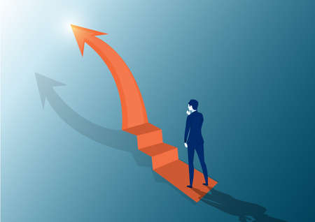 Businessman looking the stairs. On top at the peak of success. Looks at the top arrow. Vector flat...