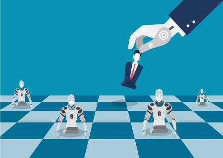 robot hand play chess figure. Flat illustration of robot chess strategy instead businessman conceptのイラスト素材