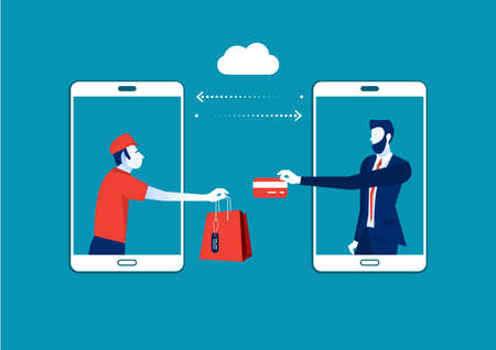 Shopping Online, People Shopping Using Smartphone, Shopping Bags, Internet Shopping and Delivery Illustrationのイラスト素材