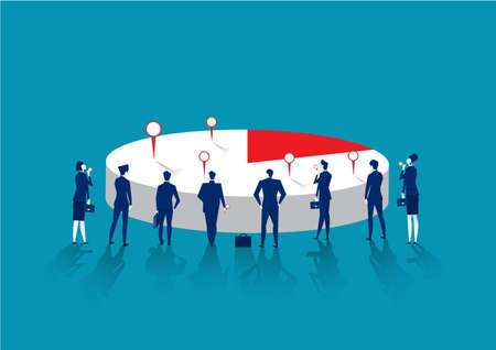 Businessman standing and looking at pie chart as symbol of business analysis. Market share presentation .vector illustration.のイラスト素材