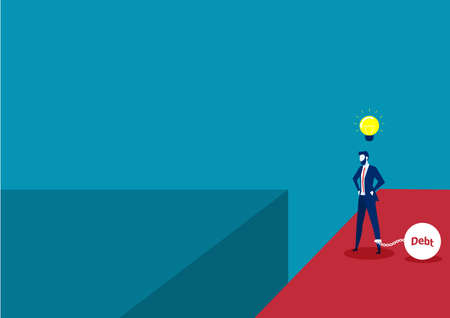 Businessman thinking Release debt way on cliff and weigh down by metal ball and chain with word debt chained on his feet. think across new location Vector illustrationのイラスト素材