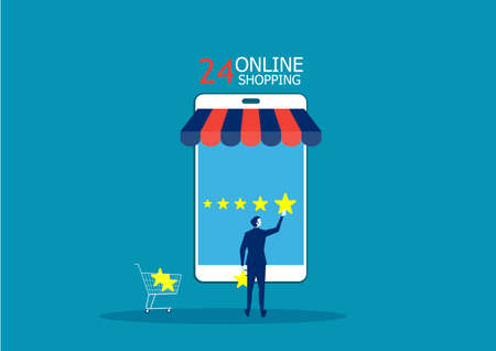 Businesswoman holding a gold star in hand, to give five. on shopping onlineのイラスト素材