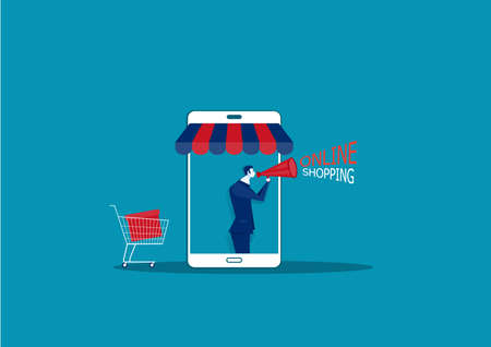 business man on smartphone with E-shop online store internet shop promotion advertisement presentation illustration.のイラスト素材