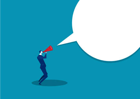 Businessman communicates through a megaphone. Concept business illustration. Advertisement poster.のイラスト素材