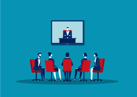 businesspeople doing video conferencing colleagues having online business meeting blue background vector illustratorのイラスト素材