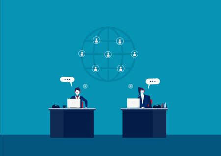 Business customer support service helpdesk services call center computers operator supporting on blue background illustrator.のイラスト素材