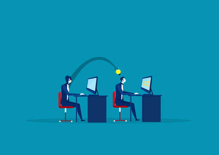 abstract of another hand is stealing idea from businessman at his desk. vector illustration.のイラスト素材