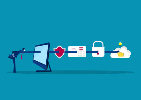 flat illustration businessman thief data from computer laptop, blue backgroundのイラスト素材