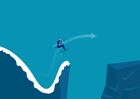 Businessman jumping from a springboard on skis into new moutain. Achieving success. Vector illustrationのイラスト素材