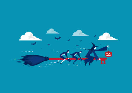 halloween business man and woman with witch flying on key broomstick go to goal vector.のイラスト素材