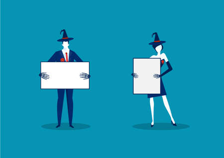 business holding banner flat illustration. Business with promotional empty placard for text mockup on halloween day. , marketers and blank advertising.のイラスト素材
