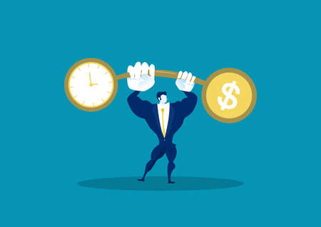 Businessman holding weights balance scales currency comparison dollar finance with time business concept vectorのイラスト素材