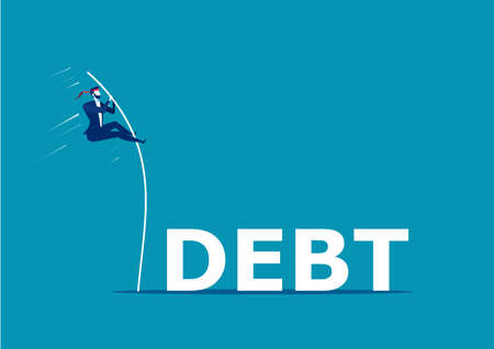Business man jump over the debt word illustration designのイラスト素材