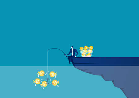 Businessman sitting at the edge of cliff with fishing rod with a dollar Creative vector illustration for business and finance concept.のイラスト素材