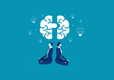 woman and man sit with crossed legs and meditate with brain and Light bulb vector.のイラスト素材