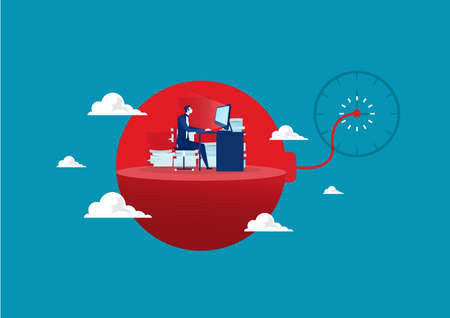 Businessman in hard work and sitting on deadline bomb. Stress at work. vector