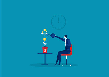 businessman is watering a pot with a growing business idea, a business startup.vectorのイラスト素材