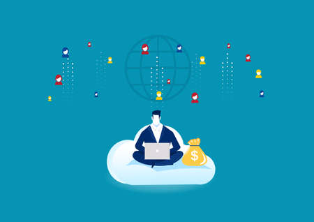  businessman sitting on cloud with laptop and working, diagrams vector illustration のイラスト素材