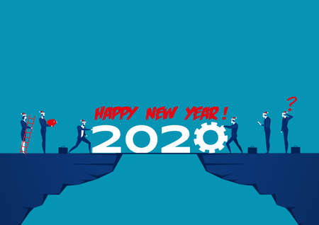 Businessmen push 2020 on top moutain , New year vector illustration. Happy New Year concept.