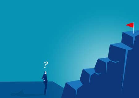 
business man  standing to look rea flag at top mountain goal concept vector illustrator.のイラスト素材