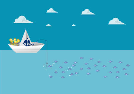 business man fishing on a paper boat. finding leadership solutions corporate of success.のイラスト素材