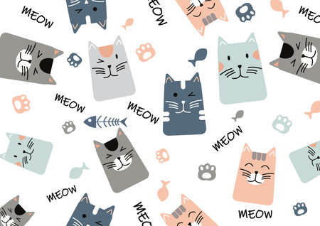 Cat pattern. Seamless texture of different cute kittens on whit backgroundのイラスト素材