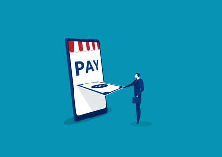 business man pay money on big phone vectorのイラスト素材