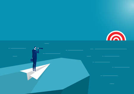 businessman with binoculars on top mountain peak to goal vector.のイラスト素材