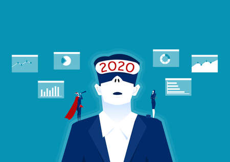 2020 businessman wearing virtual reality in modern coworking studio,vision plan business for future...