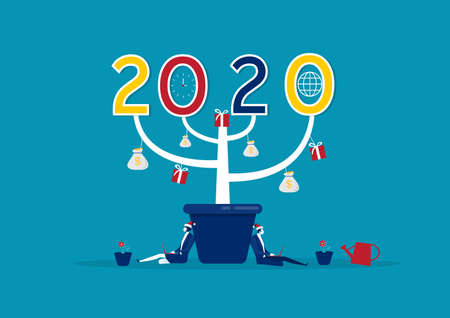 Happy new year 2020 big tree in pot vector concept,vector illustration.のイラスト素材